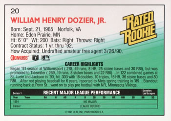 1992 Donruss #20 D.J. Dozier Back
