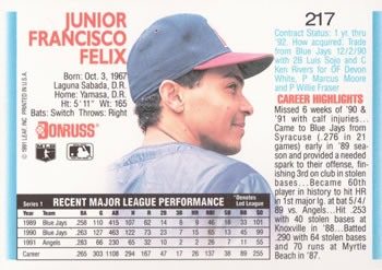 1992 Donruss #217 Junior Felix Back