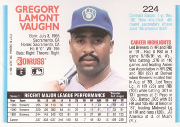 1992 Donruss #224 Greg Vaughn Back