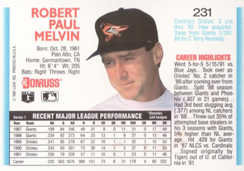 1992 Donruss #231 Bob Melvin Back
