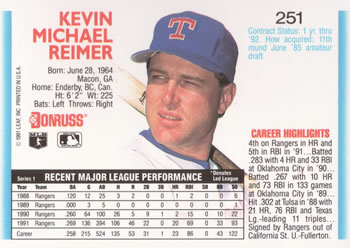 1992 Donruss #251 Kevin Reimer Back