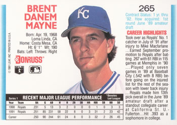 1992 Donruss #265 Brent Mayne Back