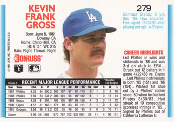 1992 Donruss #279 Kevin Gross Back