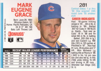 1992 Donruss #281 Mark Grace Back
