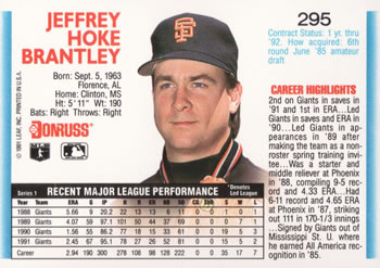 1992 Donruss #295 Jeff Brantley Back
