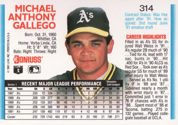 1992 Donruss #314 Mike Gallego Back