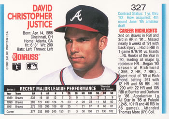 1992 Donruss #327 Dave Justice Back