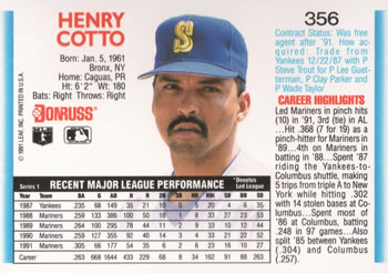 1992 Donruss #356 Henry Cotto Back