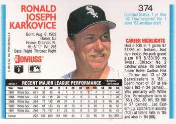 1992 Donruss #374 Ron Karkovice Back