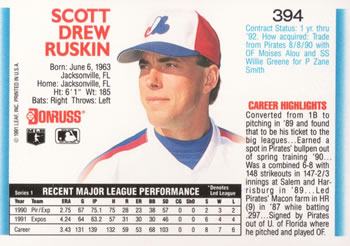 1992 Donruss #394 Scott Ruskin Back
