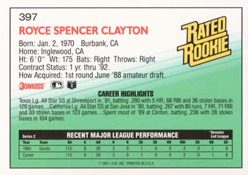 1992 Donruss #397 Royce Clayton Back