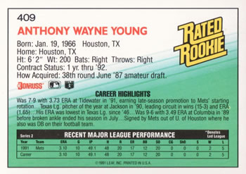 1992 Donruss #409 Anthony Young Back
