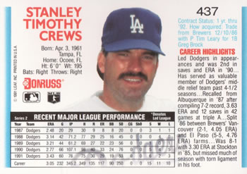 1992 Donruss #437 Tim Crews Back