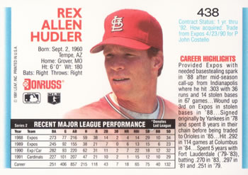 1992 Donruss #438 Rex Hudler Back
