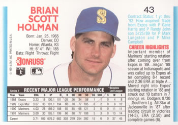 1992 Donruss #43 Brian Holman Back