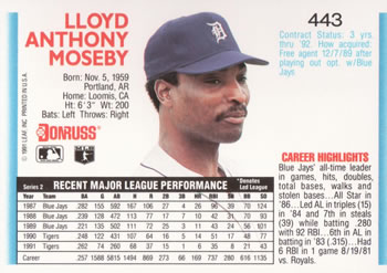 1992 Donruss #443 Lloyd Moseby Back