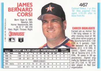 1992 Donruss #467 Jim Corsi Back
