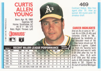 1992 Donruss #469 Curt Young Back