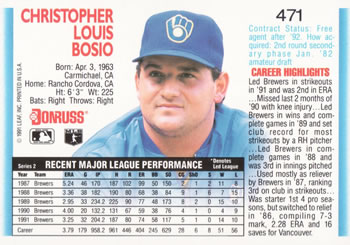 1992 Donruss #471 Chris Bosio Back