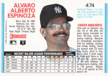 1992 Donruss #474 Alvaro Espinoza Back