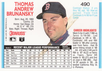 1992 Donruss #490 Tom Brunansky Back