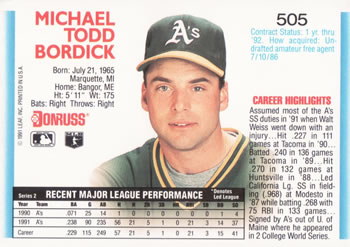 1992 Donruss #505 Mike Bordick Back