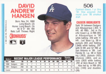 1992 Donruss #506 Dave Hansen Back