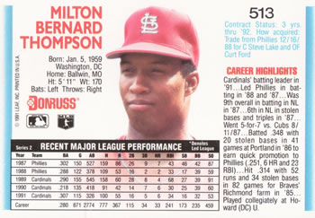 1992 Donruss #513 Milt Thompson Back
