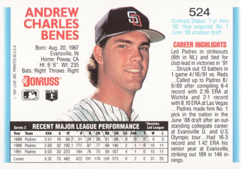 1992 Donruss #524 Andy Benes Back