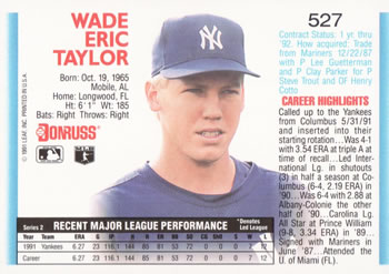 1992 Donruss #527 Wade Taylor Back