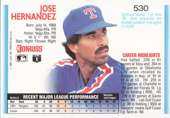 1992 Donruss #530 Jose Hernandez Back
