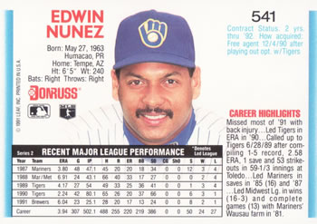 1992 Donruss #541 Edwin Nunez Back
