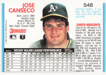 1992 Donruss #548 Jose Canseco Back