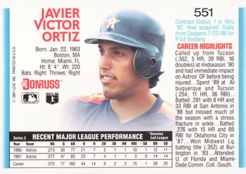 1992 Donruss #551 Javier Ortiz Back
