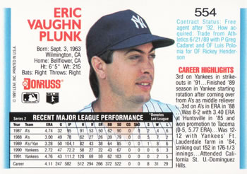 1992 Donruss #554 Eric Plunk Back