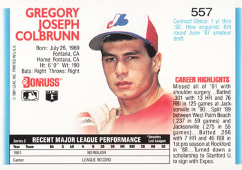 1992 Donruss #557 Greg Colbrunn Back