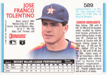 1992 Donruss #589 Jose Tolentino Back