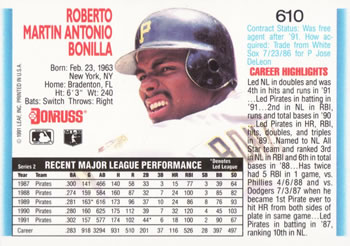 1992 Donruss #610 Bobby Bonilla Back