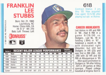 1992 Donruss #618 Franklin Stubbs Back