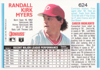1992 Donruss #624 Randy Myers Back