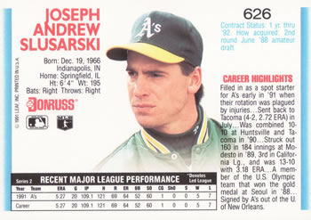 1992 Donruss #626 Joe Slusarski Back