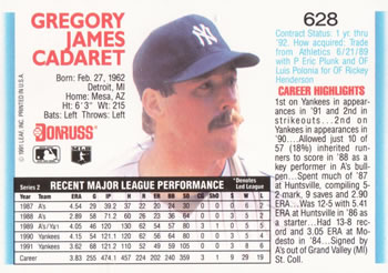 1992 Donruss #628 Greg Cadaret Back