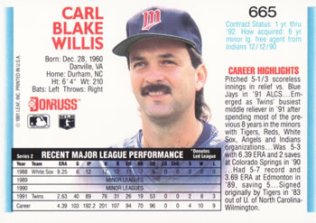 1992 Donruss #665 Carl Willis Back