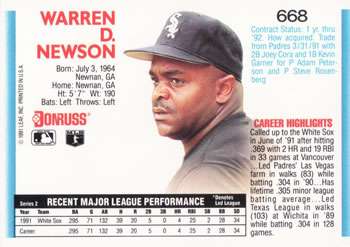 1992 Donruss #668 Warren Newson Back