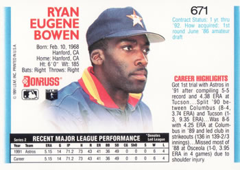 1992 Donruss #671 Ryan Bowen Back
