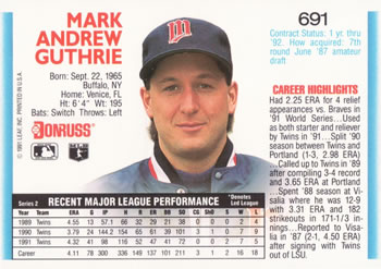 1992 Donruss #691 Mark Guthrie Back