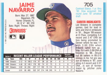 1992 Donruss #705 Jaime Navarro Back