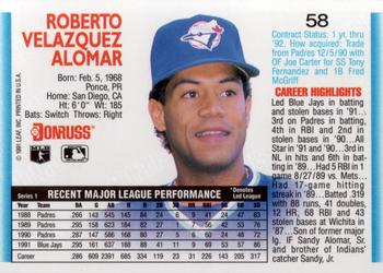 1992 Donruss #58 Roberto Alomar Back