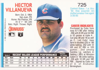 1992 Donruss #725 Hector Villanueva Back