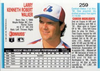 1992 Donruss #259 Larry Walker Back
